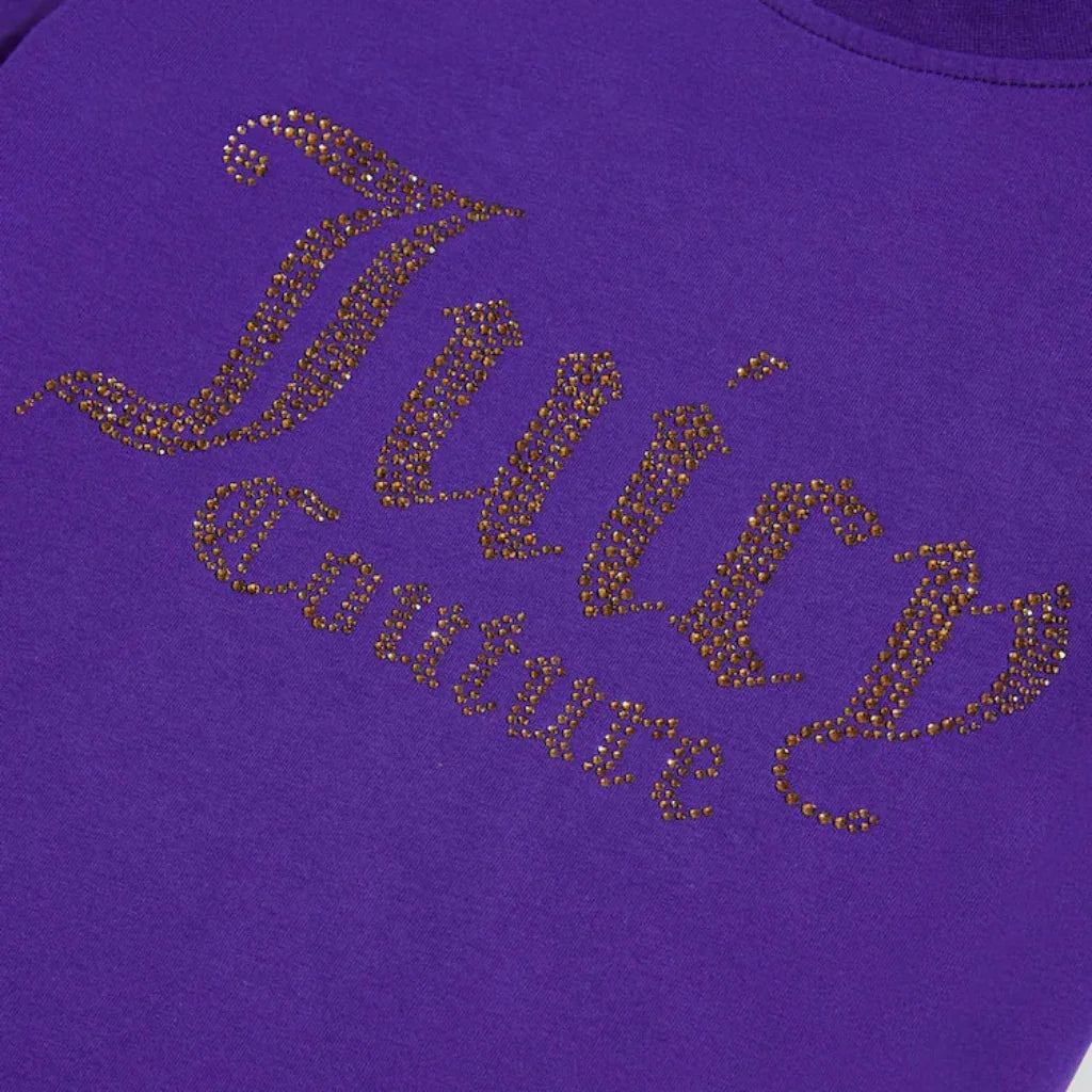 Purple t-shirt with 'Juicy Couture' text featuring rhinestone embellishments on a white background.