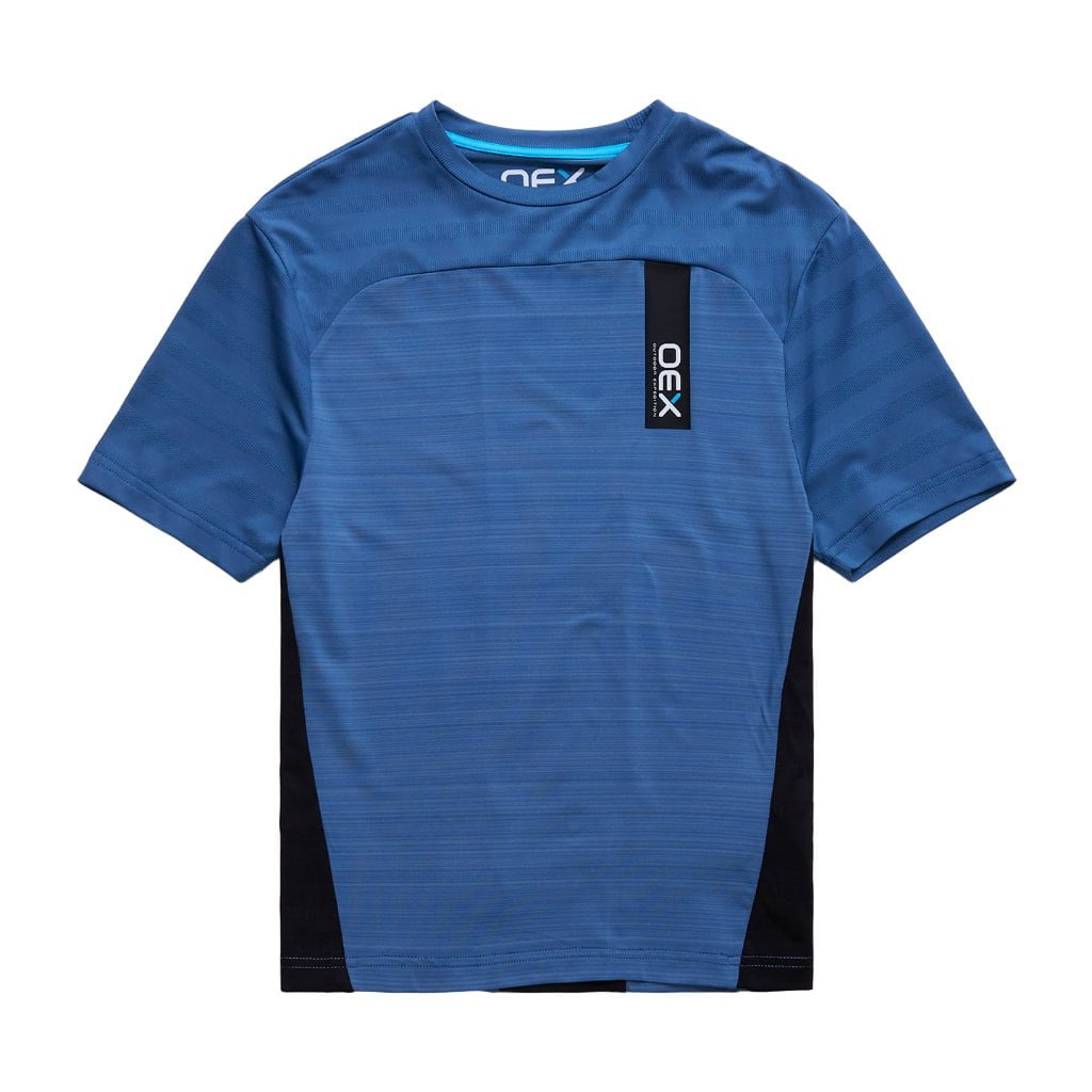 Blue athletic shirt with black accents on a light gray background