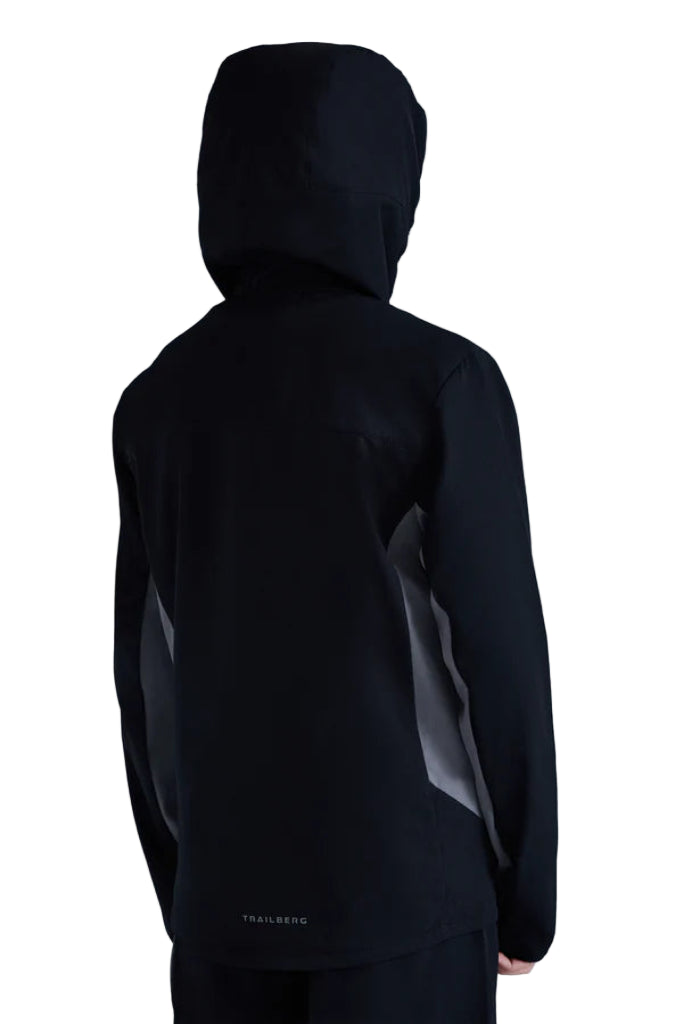 Black hooded jacket with reflective accents on a white background