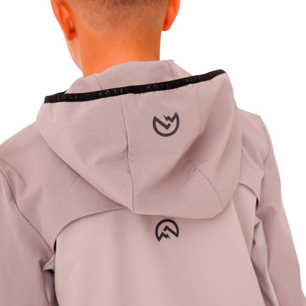 Light pink hooded jacket with black logo on a white background