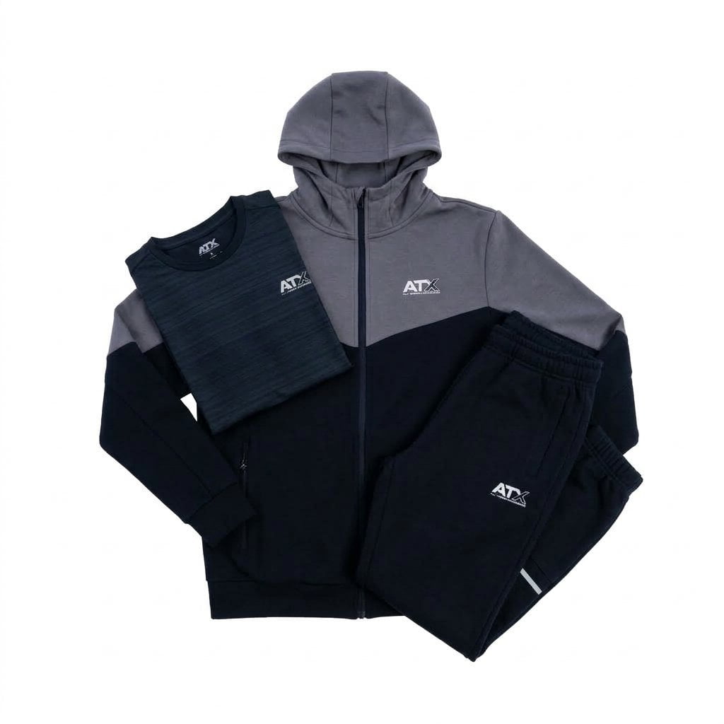 ATX Men's 3 Piece Co Ord Set Black/Dark Grey Hoodie, T-Shirt & Pants