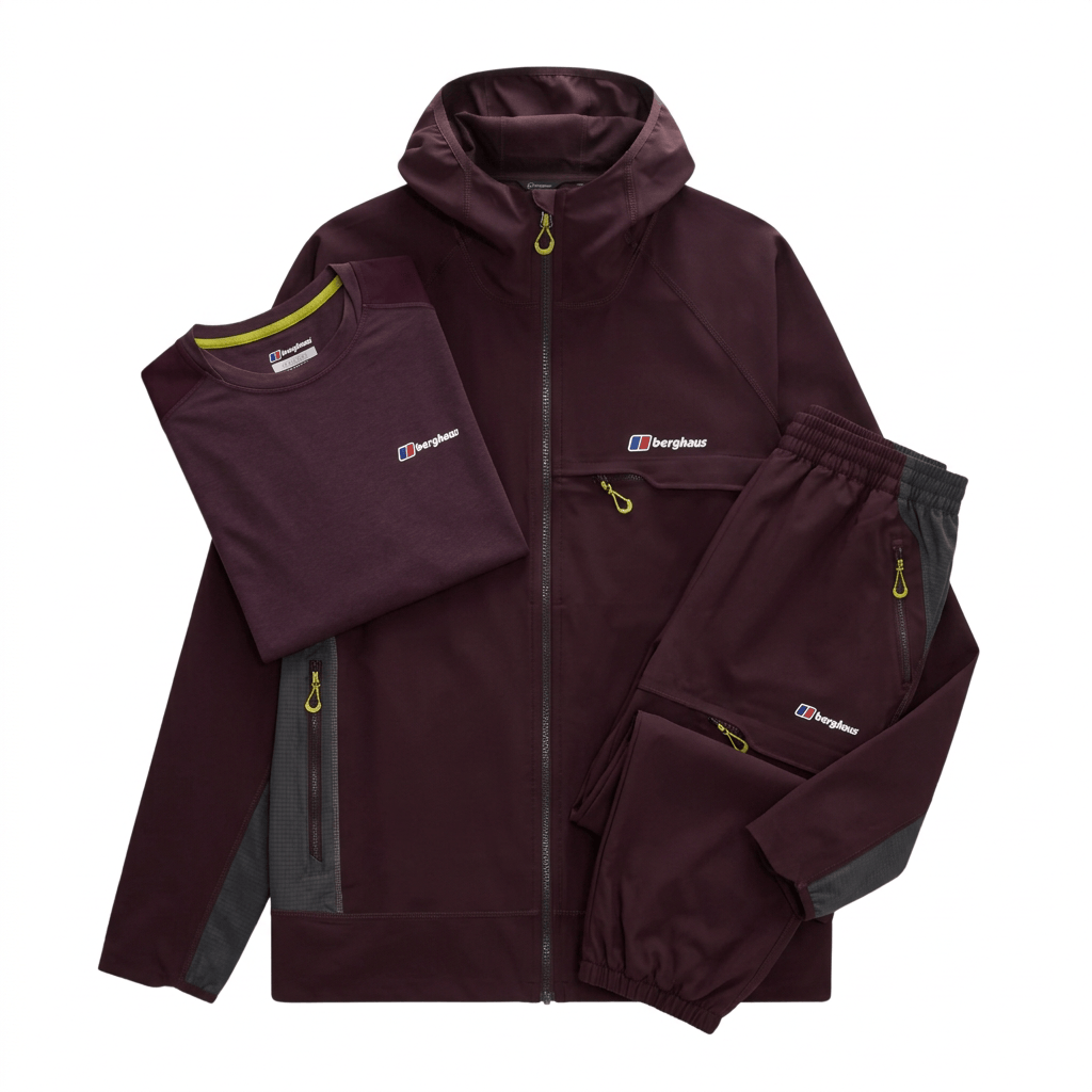 Berghaus Men's 3-Piece Co Ord Set Burgundy Jacket, T-Shirt & Pant