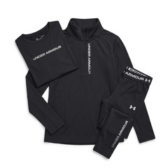 Black junior outfit with a folded t-shirt angled at the top left and half-folded trousers at the bottom right over the half zip on white