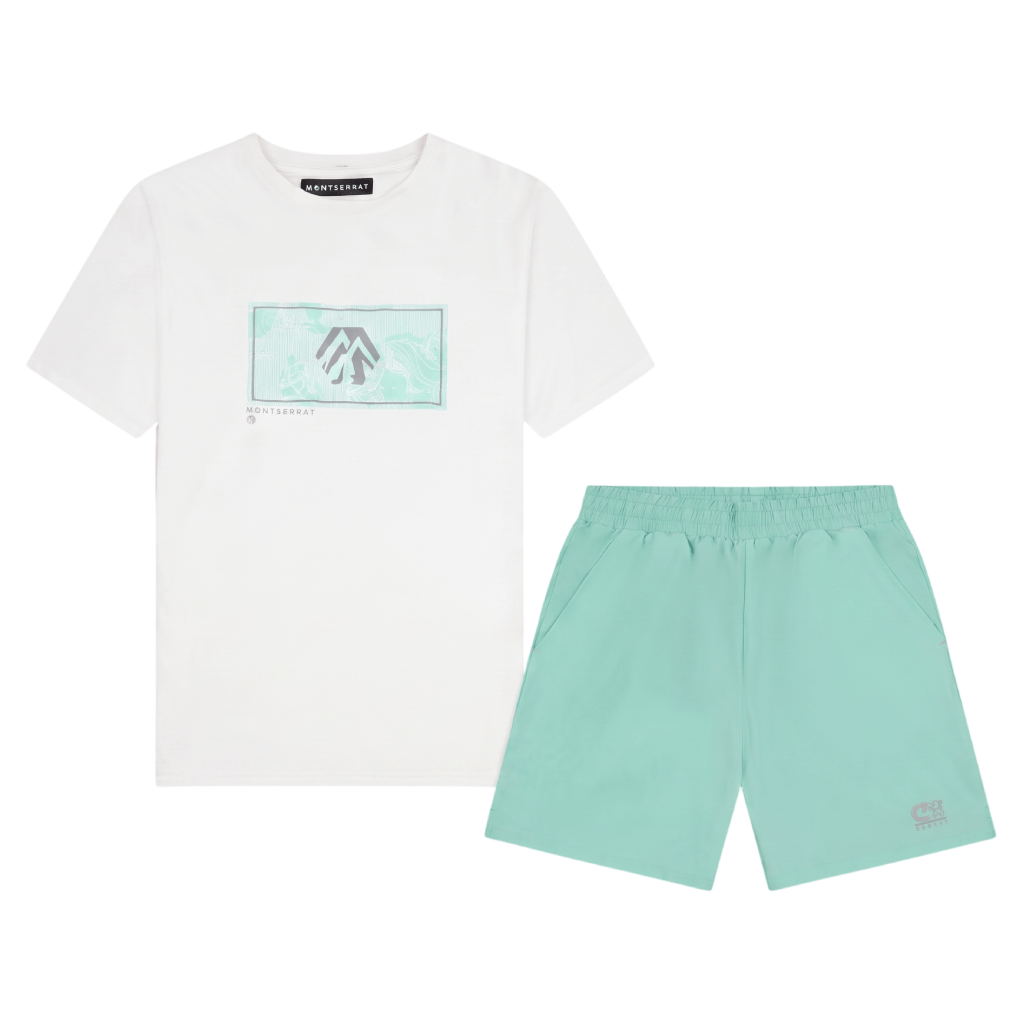 Cruyff Men's 2 Piece Co Ord Set White/Mint T-Shirt & Shorts