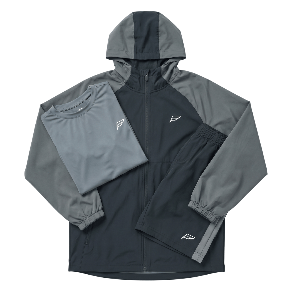 Frequency Junior 3 Piece Co Ord Set Grey Jacket, T-Shirt & Shorts for active kids.
