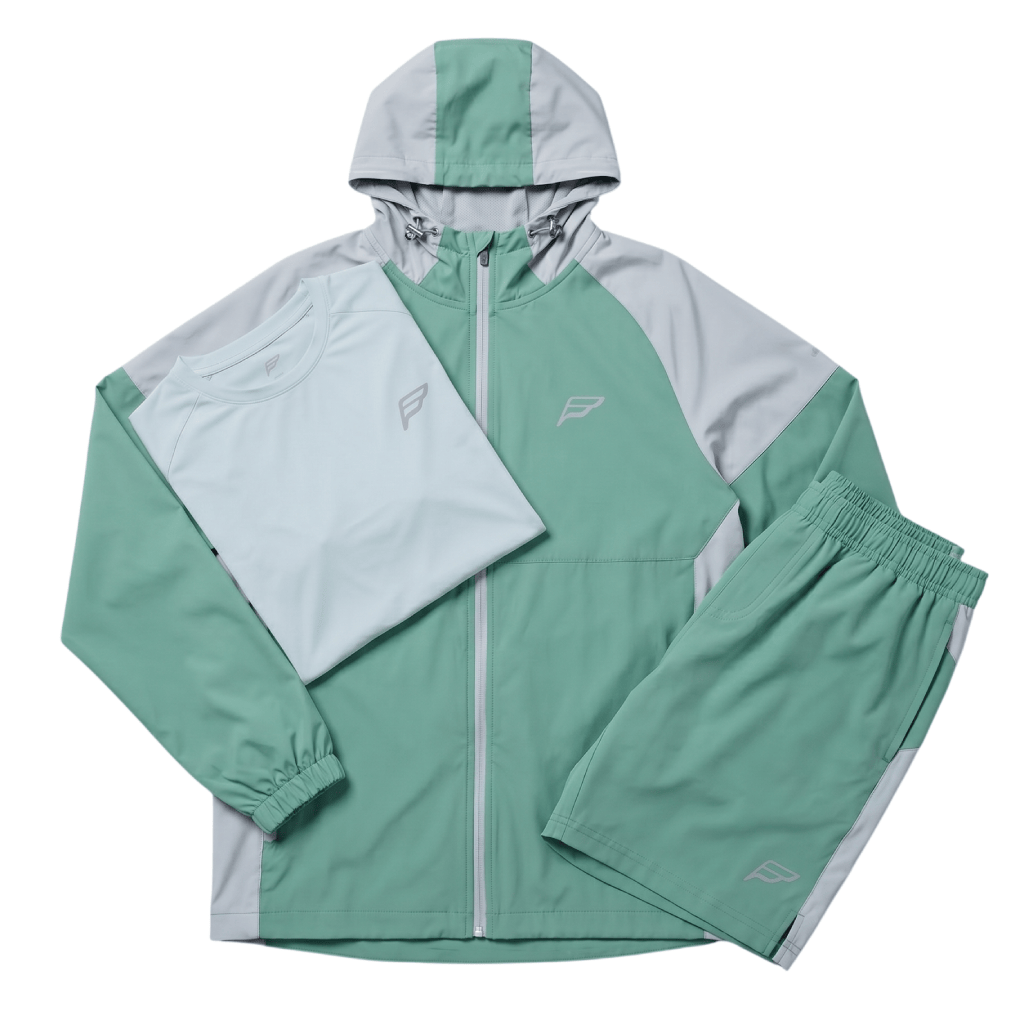Frequency Men's 3 Piece Co Ord Set Green/Grey Jacket, T-Shirt & Shorts