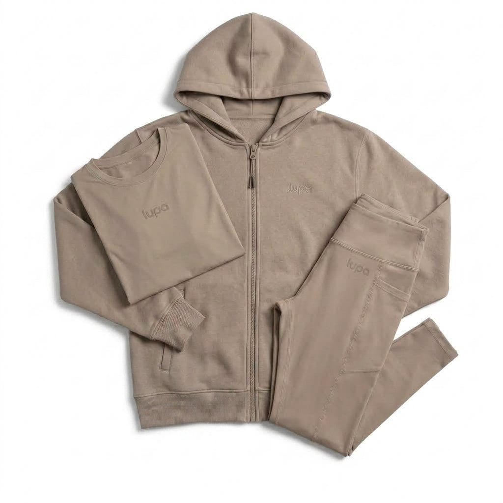 Lupa Junior's 3 Piece Co Ord Set Taupe Zip Fleece, T-Shirt & Leggings