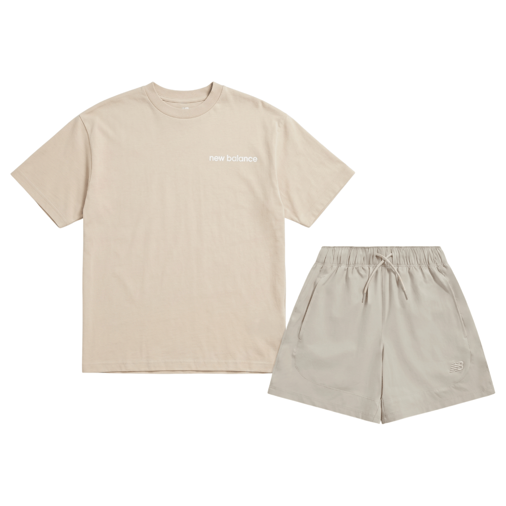 New Balance Junior's 2 Piece Co Ord Set Beige T-Shirt & Shorts