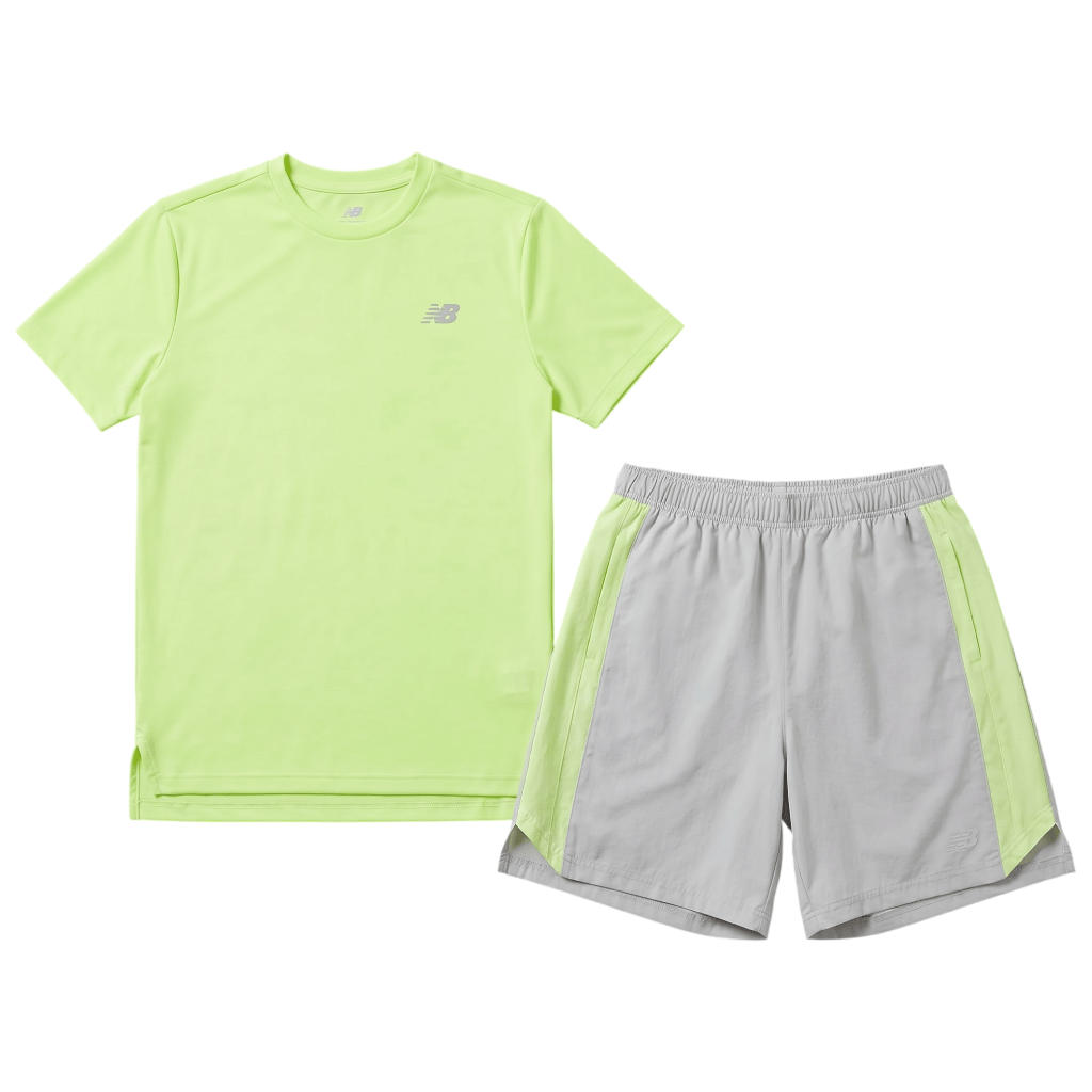 New Balance Junior's 2 Piece Co Ord Set Green/Grey T-Shirt & Shorts