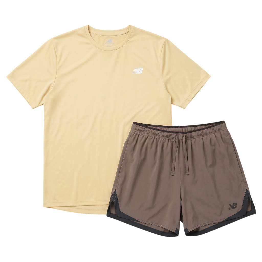 New Balance Men's 2 Piece Co Ord Set Beige/Brown T-Shirt & Shorts