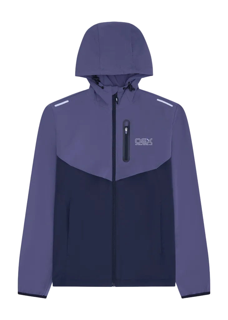 OEX Mens 3 Piece Co Ord Set Midnight/Lilac jacket with hood and zip front design.