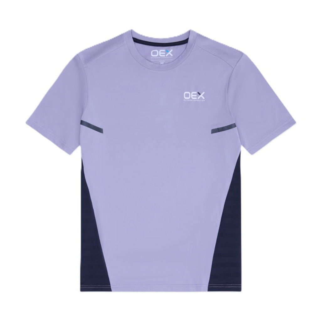 OEX Mens 3 Piece Co Ord Set short sleeve T-shirt in lilac and navy, part of the OEX mens 3 piece co ord set.