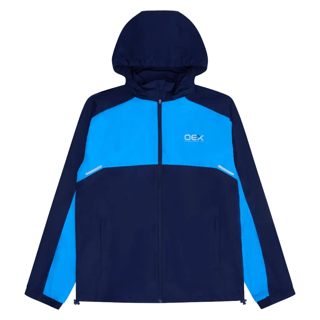 OEX Mens 3 Piece Co Ord Set navy and azure jacket with hood and zip design.