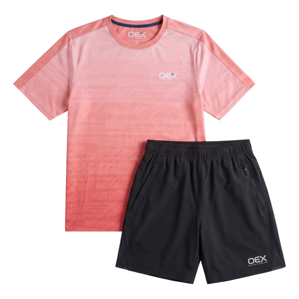 OEX Junior's 2-Piece Co-Ord Set – Coral/Black   (T-Shirt & Shorts)