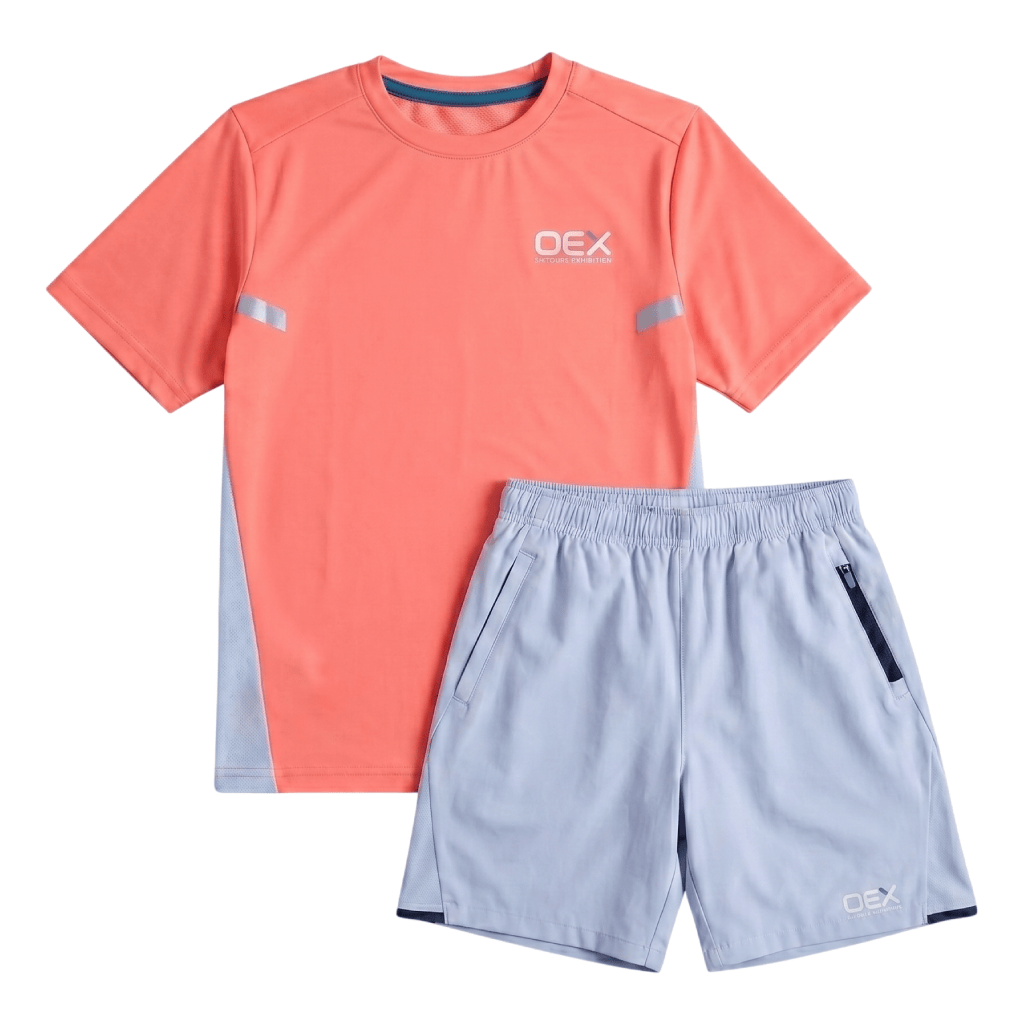 OEX Junior's 2-Piece Co-Ord Set – Coral/Light Grey   (T-Shirt & Shorts)