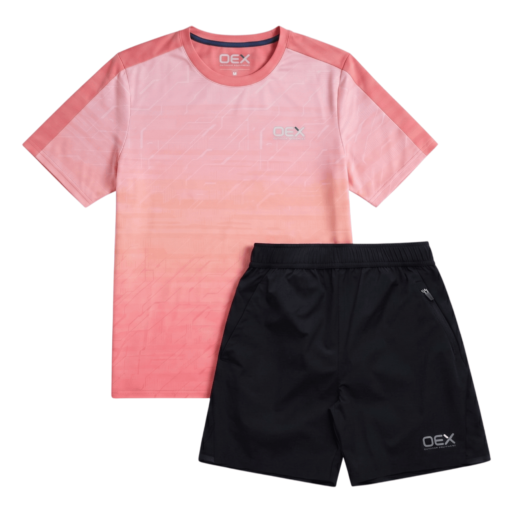 OEX Men's 2-Piece Co-Ord Set – Coral/Black   (T-Shirt & Shorts)