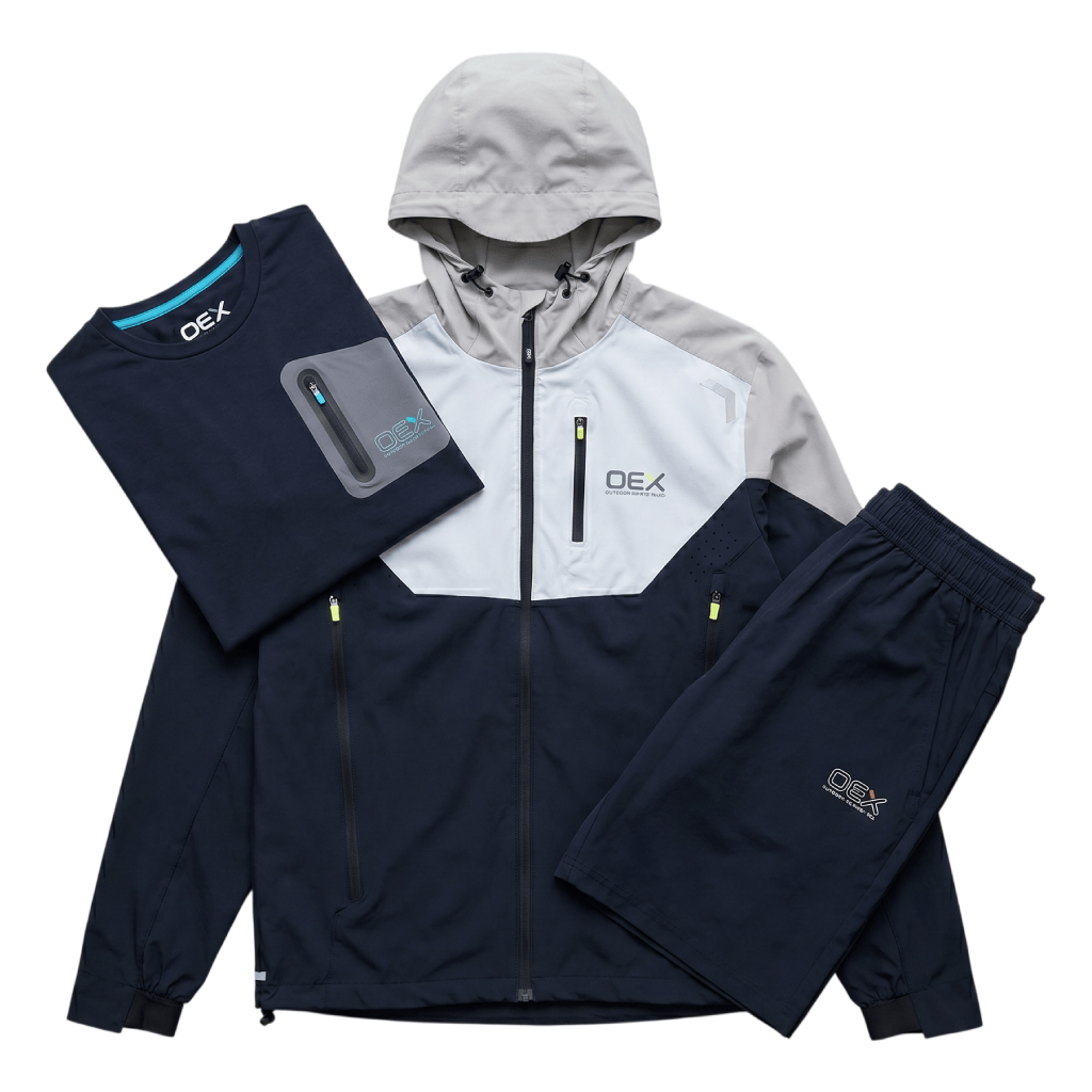 OEX Men's 3-Piece Co-Ord Set Black; includes jacket, t-shirt, and shorts in stylish black/taupe color scheme.