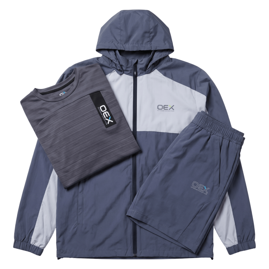 OEX Men's 3-Piece Co-Ord Set Charcoal/Grey Jacket, T-Shirt & Shorts laid out on a white background.