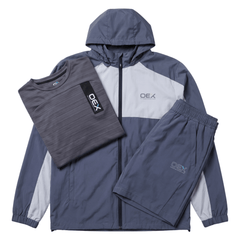 OEX Men's 3-Piece Co-Ord Set Charcoal/Grey Jacket, T-Shirt & Shorts laid out on a white background.