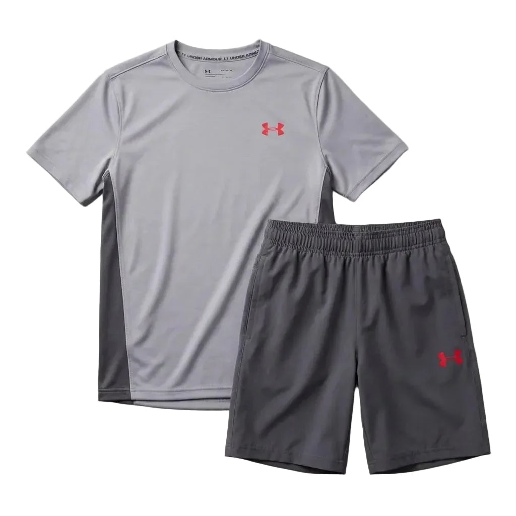 Under Armour Junior's 2 Piece Co Ord Set Grey/Red T-Shirt & Shorts