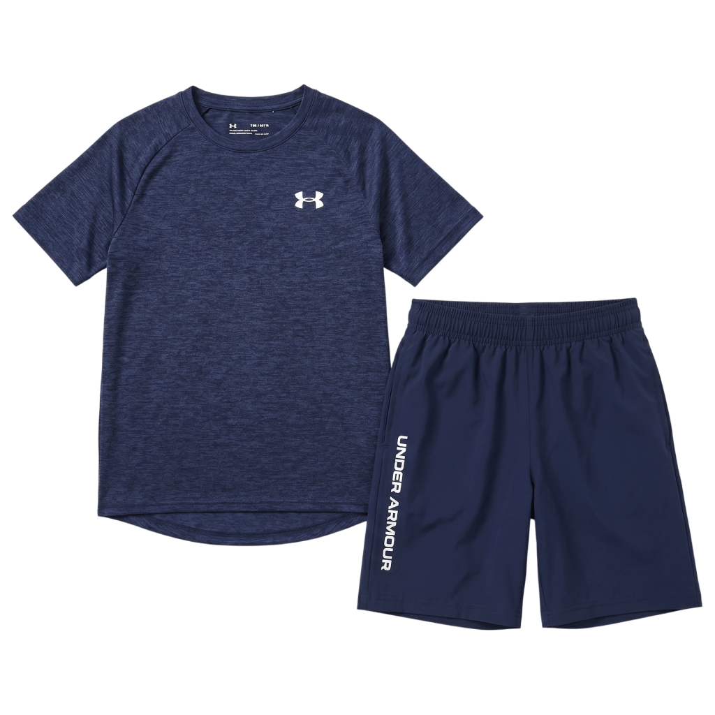 Under Armour Junior's 2 Piece Co Ord Set Navy/White T-Shirt & Shorts