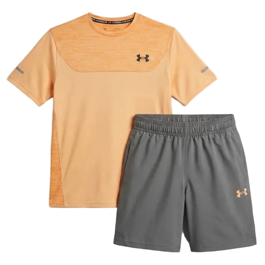 Under Armour Junior's 2 Piece Co Ord Set Orange/Khaki T-Shirt & Shorts