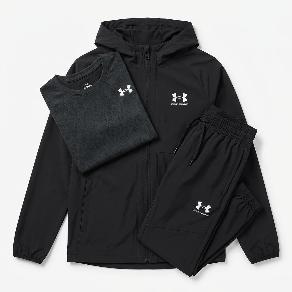 Under Armour Junior's 3 Piece Co Ord Set Black/White Jacket, T-Shirt & Pant