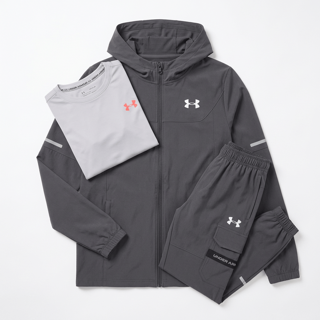 Under Armour Junior's 3 Piece Co Ord Set Grey/White/Red Jacket, T-Shirt & Pant