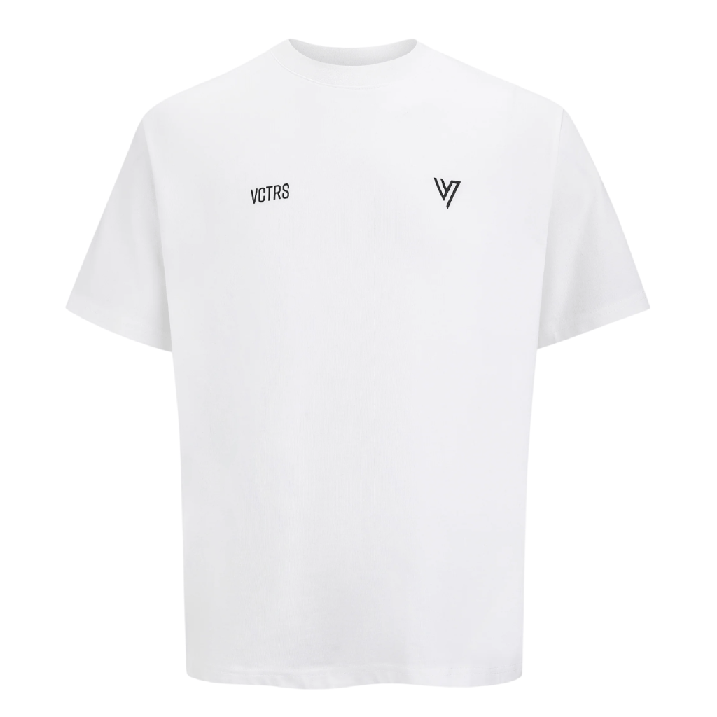 VCTRS Men's 3 Piece Co Ord Set GreyWhite featuring a stylish white t-shirt with logo design.