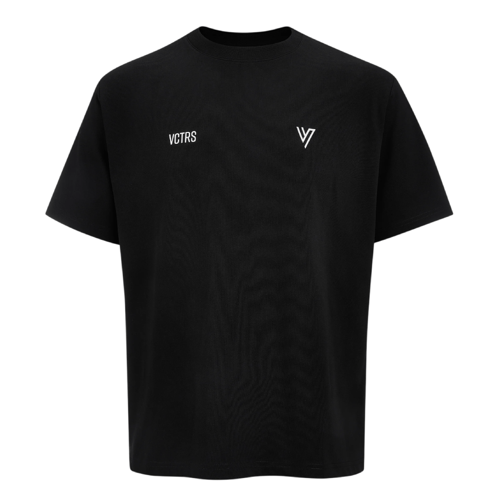 VCTRS Mens 3 Piece Co Ord Set Black showing a black t-shirt with VCTRS logo for streetwear style.