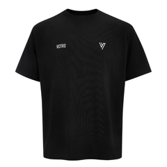 VCTRS Mens 3 Piece Co Ord Set Black showing a black t-shirt with VCTRS logo for streetwear style.