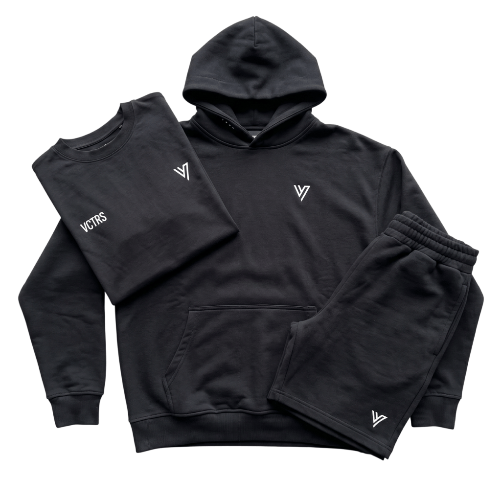 vctrs mens 3 piece co ord set black including hoodie, t-shirt, and shorts in black fabric.