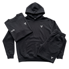 vctrs mens 3 piece co ord set black including hoodie, t-shirt, and shorts in black fabric.