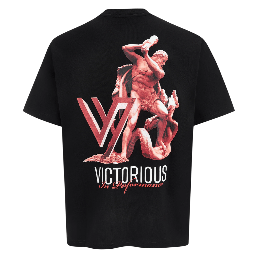 VCTRS Mens 3 Piece Co Ord Set Black T-Shirt featuring a graphic design of a muscular figure on the back.