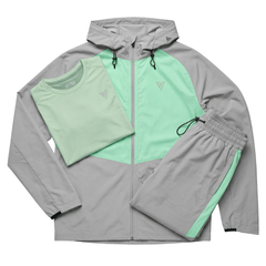 VCTRS Mens 3 Piece Co Ord Set in Grey and Mint featuring a jacket, t-shirt, and shorts for modern athletic wear.