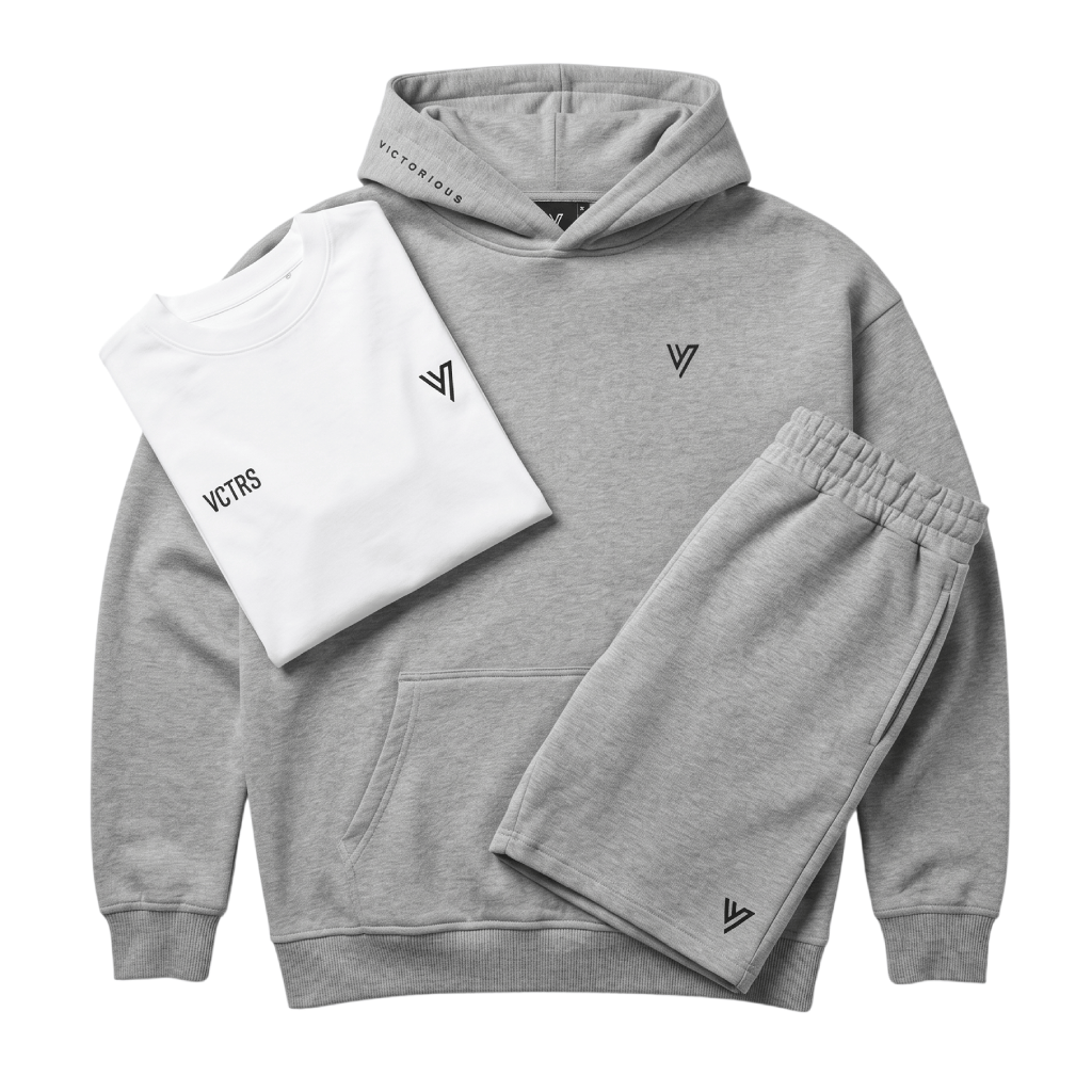 vctrs men's 3 piece co ord set GreyWhite including grey hoodie, white t-shirt, and grey shorts.