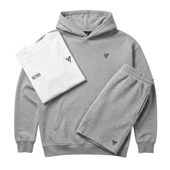vctrs men's 3 piece co ord set GreyWhite including grey hoodie, white t-shirt, and grey shorts.
