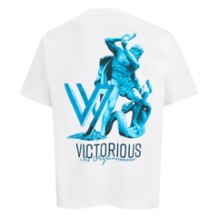 VCTRS Men's 3 Piece Co Ord Set GreyWhite featuring a graphic tee with blue statues and 'Victorious in Performance' text on the back.