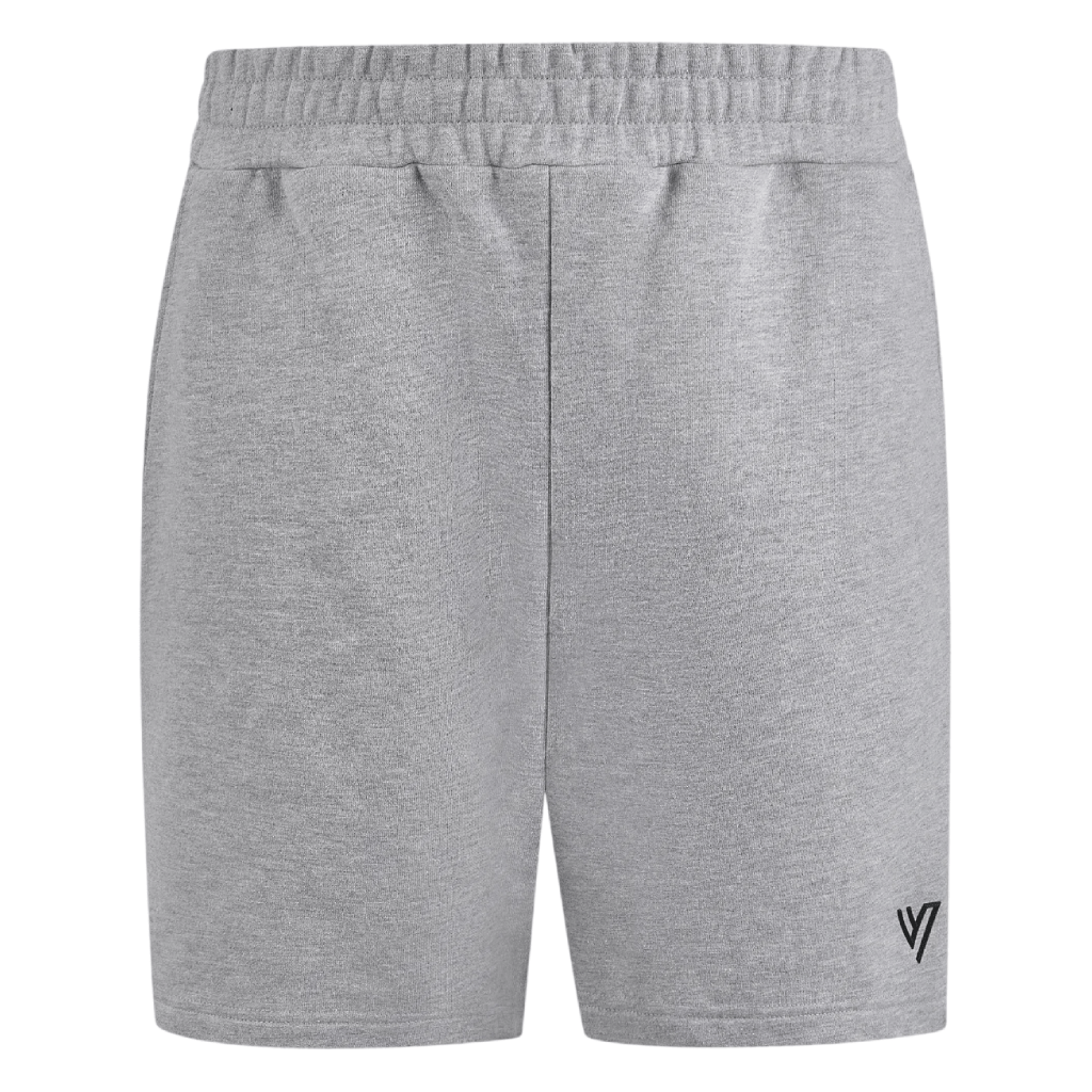 VCTRS Men's 3 Piece Co Ord Set GreyWhite shorts in gray fabric with elastic waistband.