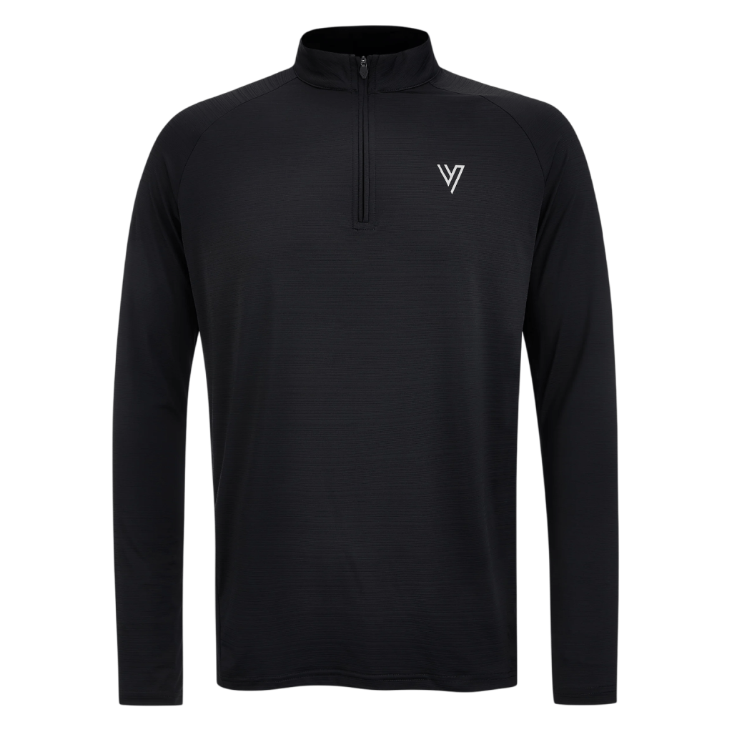 VCTRS Mens 2 Piece Co Ord Set Black Top featuring a zip collar and long sleeves in a sleek black design.