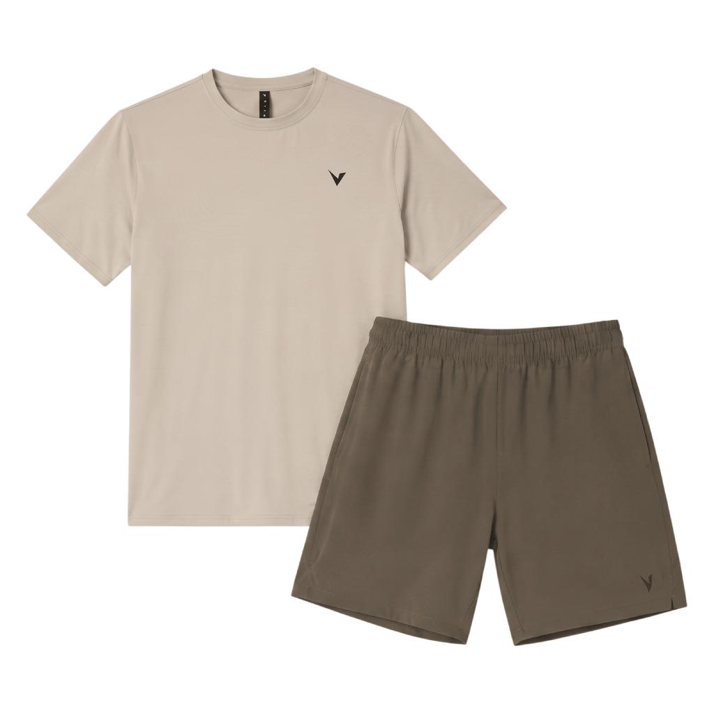 Virtus Men's 2 Piece Co Ord Set Stone/Khaki T-Shirt & Shorts